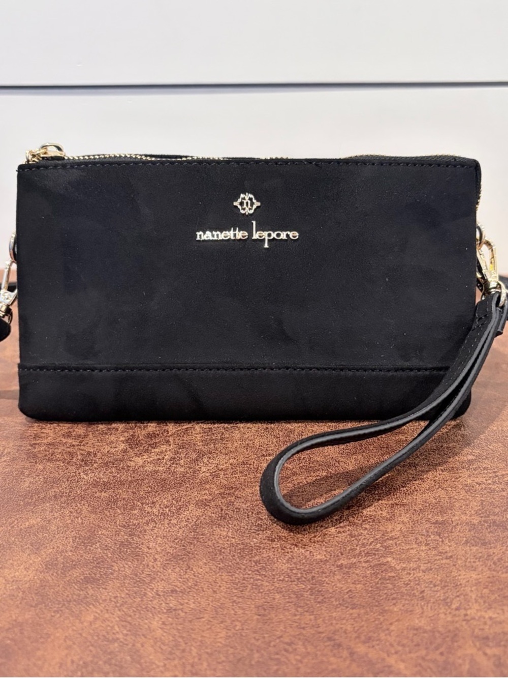Nanette Lepore Black Faux Suede Wristlet Crossbody Wallet Minimalist Chic Core